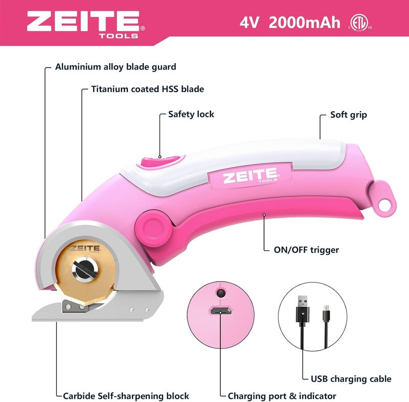 zeite 4V Cordless Scissors,Electric Cardboard Box Cutter with Titanium Coated HSS Blades,Ideal for Cardboard Leather Carpet Fabric Cutting and recycling,Storage Case,Pink - Image 2